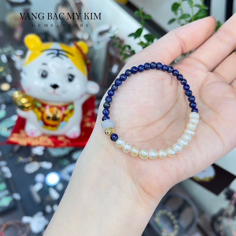 Vòng đá Lapis mix Ngọc Jadeite - Ngọc Trai - Bi Vàng 10k