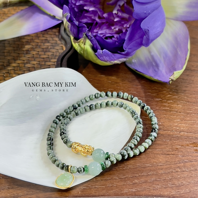Chuỗi Vòng Đá Mắt Mèo VIP mix Ngọc Phỉ Thúy - Charm Vàng 10k & 14k