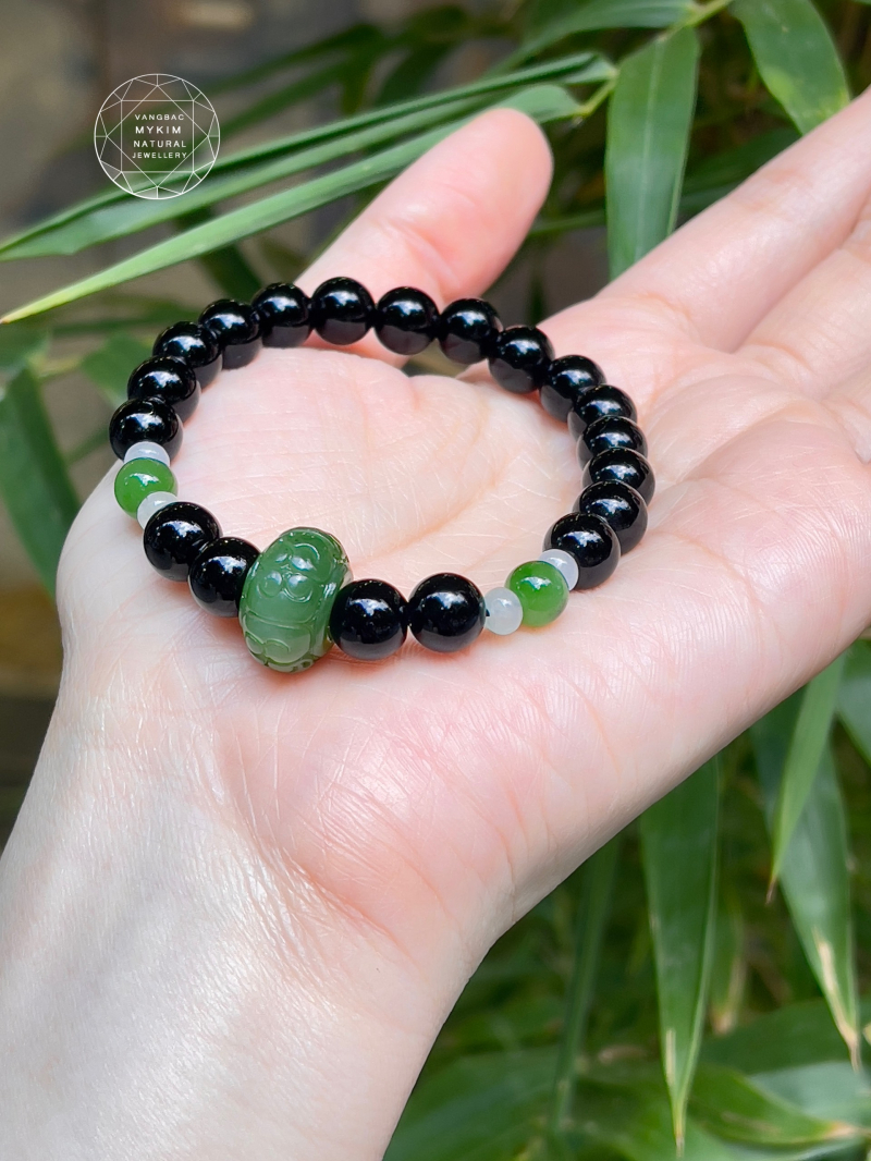  Vòng Đá Mã Não Đen 🍀 Mix Charm Ngọc Bích & Phỉ Thúy Jadeite • Trang Sức Phong Thủy Tài Lộc & Bình An