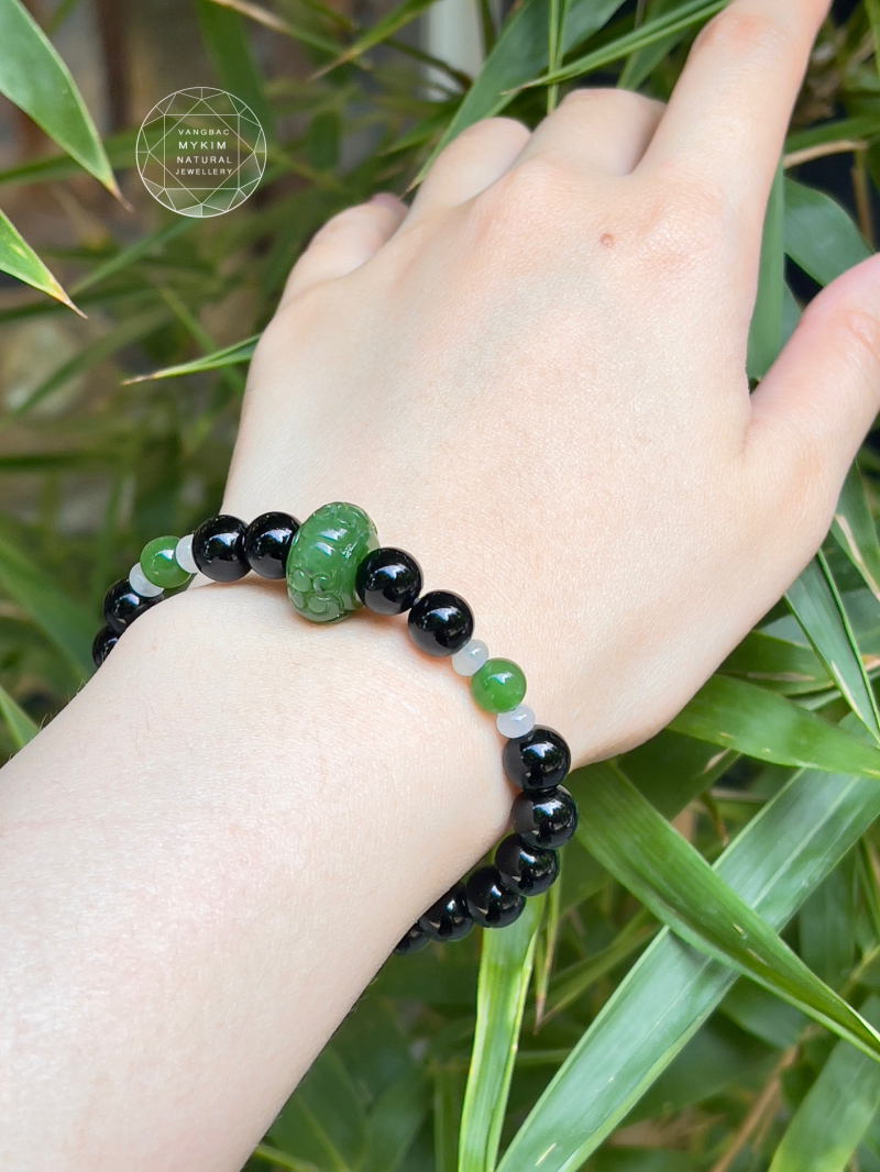 Vòng Đá Mã Não Đen 🍀 Mix Charm Ngọc Bích & Phỉ Thúy Jadeite • Trang Sức Phong Thủy Tài Lộc & Bình An