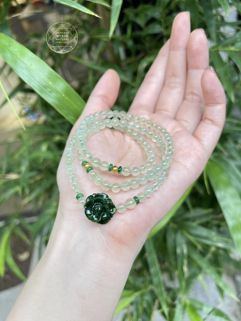 Chuỗi Vòng Đá Thạch Anh Prehnite mix Ngọc Phỉ Thúy Jadeite - Vàng 24k
