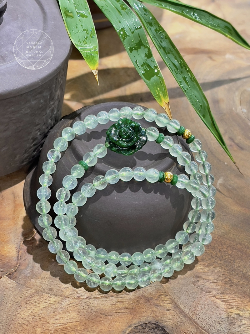 Chuỗi Vòng Đá Thạch Anh Prehnite mix Ngọc Phỉ Thúy Jadeite - Bi Vàng 