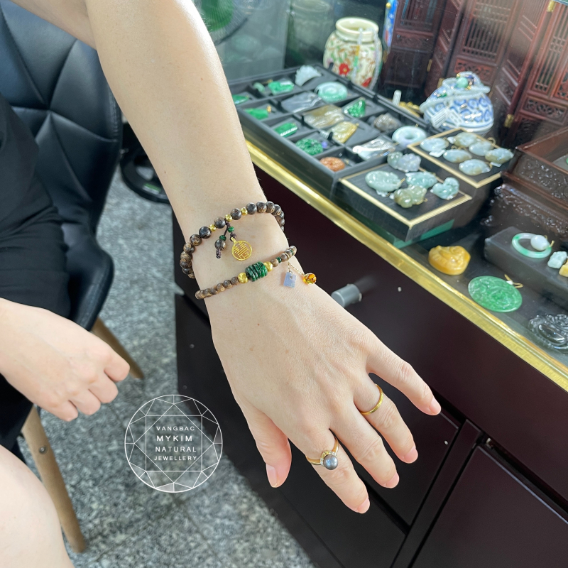 Chuỗi Vòng Trầm Indo mix Ngọc Phỉ Thúy Jadeite - Vàng 24k & Charm rơi Vàng 14k