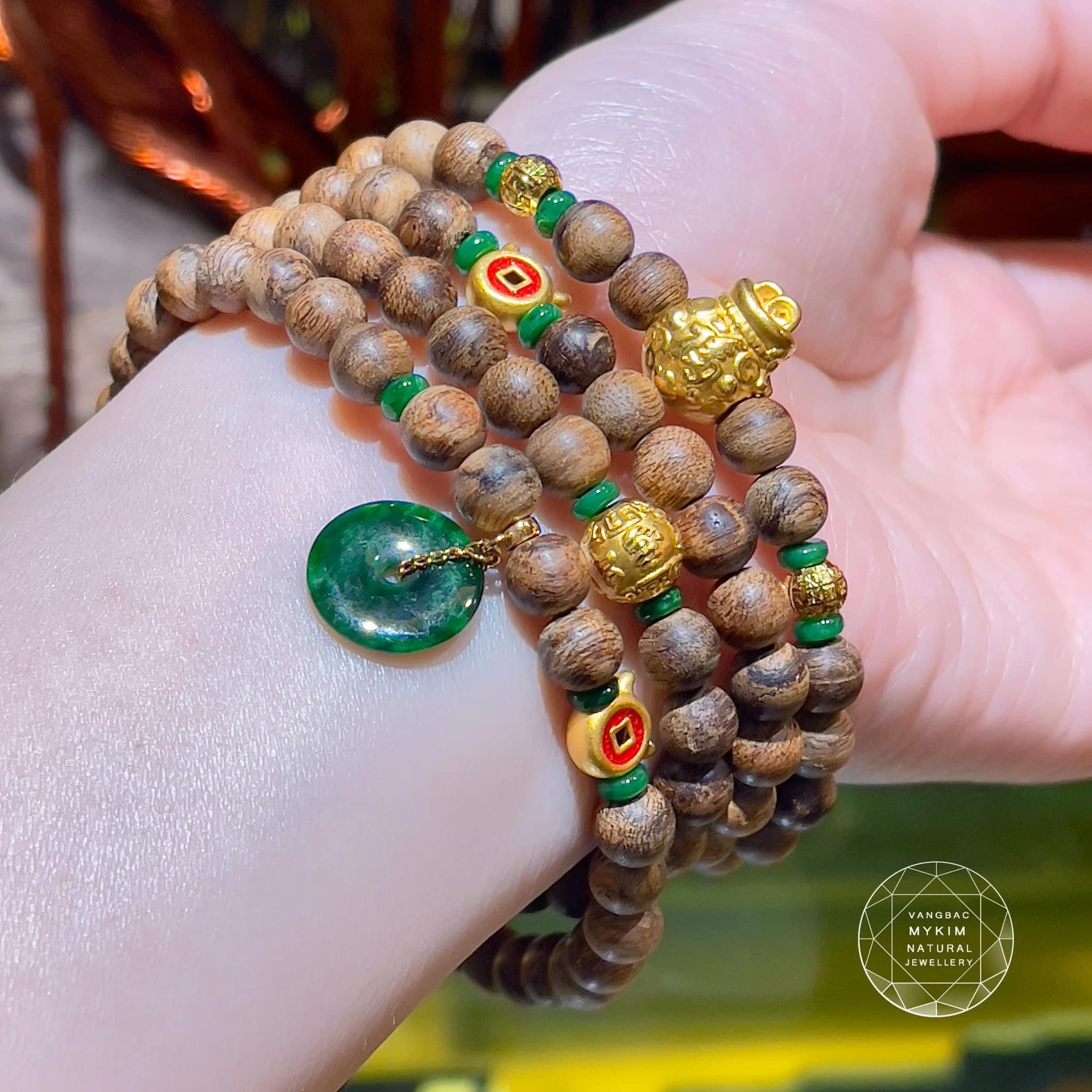 Chuỗi Vòng Trầm Hương Indo mix Vàng  - NGọc Phỉ Thúy Jadeite VIP