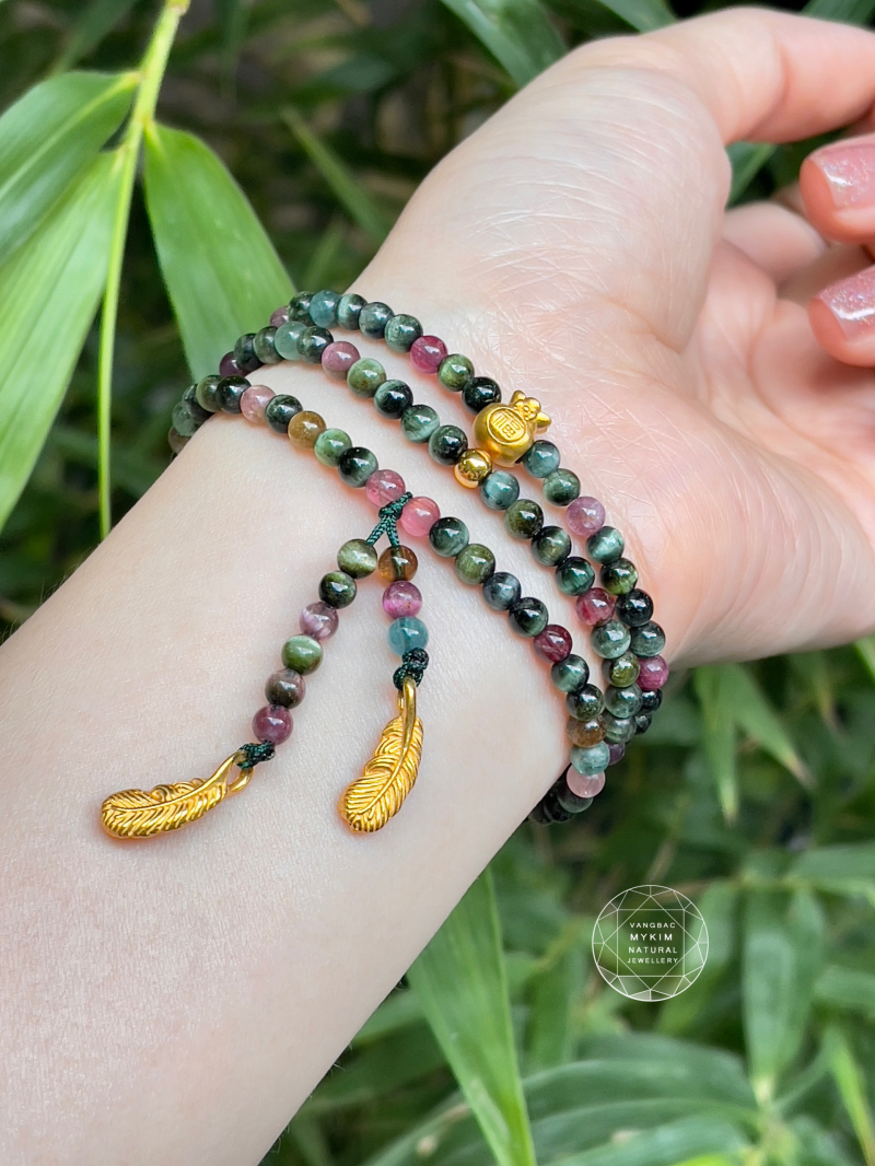 Chuỗi Vòng Đá Tourmaline Mắt Mèo Tứ Quý - PK Vàng 24k 9999