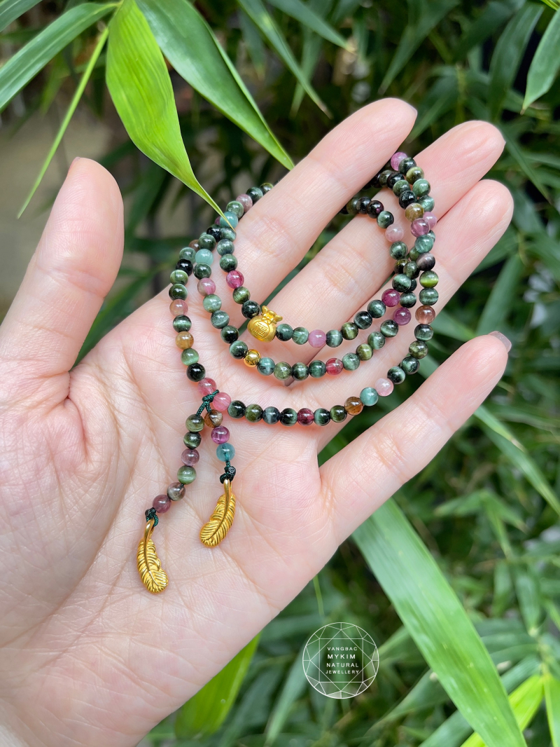 Chuỗi Vòng Đá Tourmaline Mắt Mèo Tứ Quý - PK Vàng 24k 9999