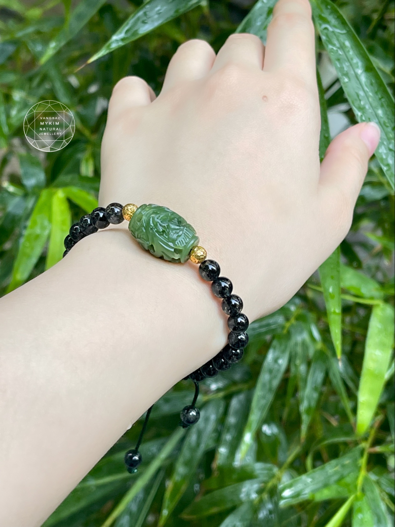 🖤 Vòng Thạch Anh Tóc Đen – Dây Tết Đá 6mm | Charm Lu Thống Ngọc Bích Khắc Hoa Cúc – Chặn Bi Vàng 10K