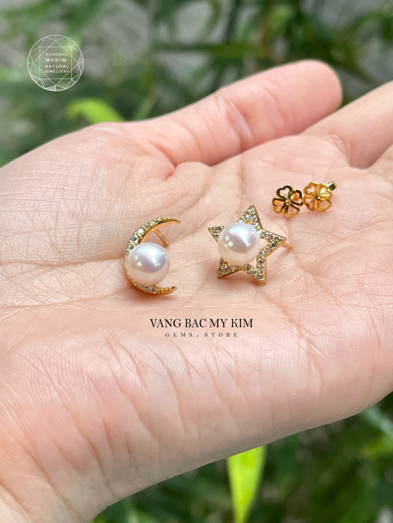 Bông Tai Trăng Sao - Đính Ngọc Trai - Vàng 14k