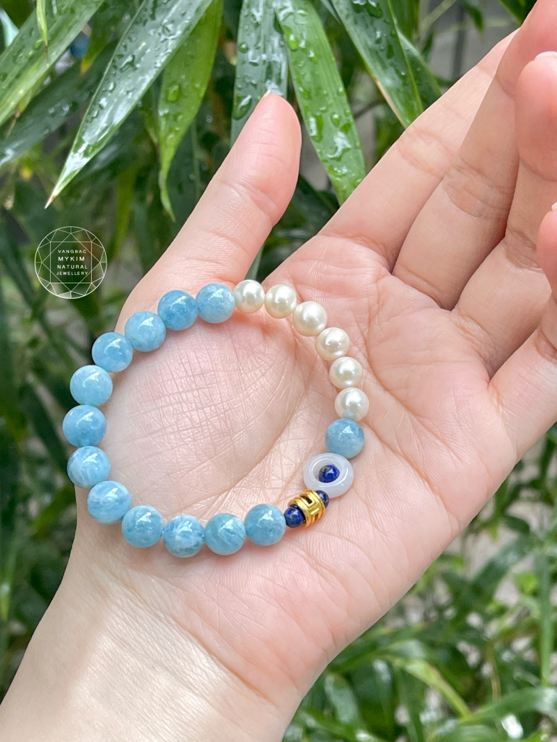 Vòng Đá Aquamarine mix Ngọc Trai - Jadeite - Lapis - Vàng 