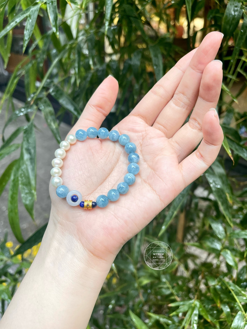 Vòng Đá Aquamarine mix Ngọc Trai - Jadeite - Lapis - Vàng 
