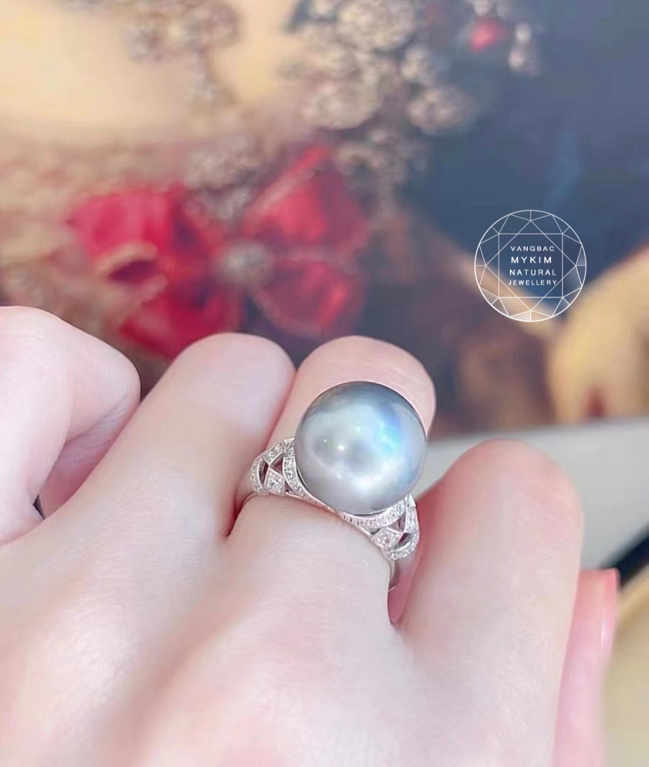 Nhẫn Ngọc Trai Đen nước mặn - Vàng trắng 14k - 18k