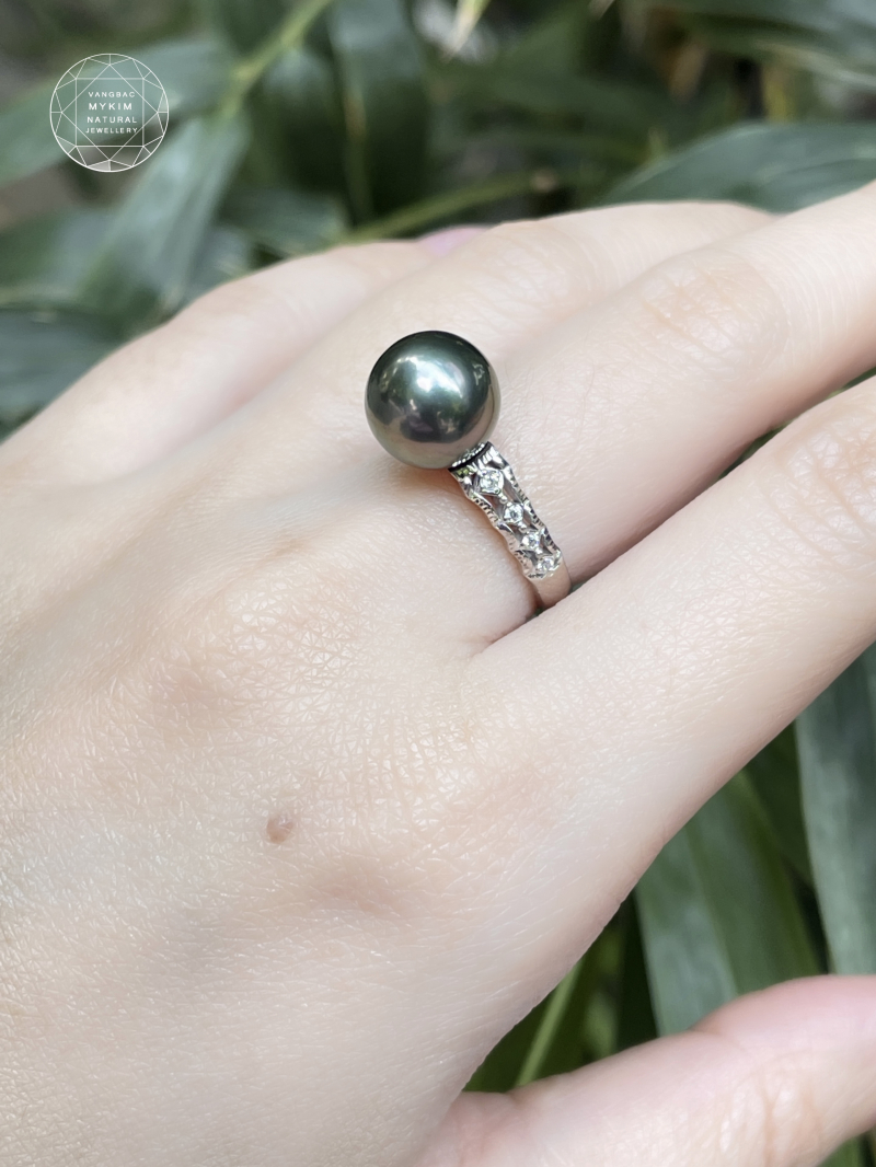 Nhẫn Ngọc Trai Đen - Vàng Trắng 14k - VBMK