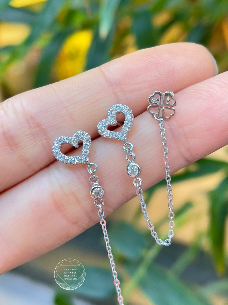 Bông Tai Trái Tim đính đá dây xích - Bạc si vàng trắng 18k