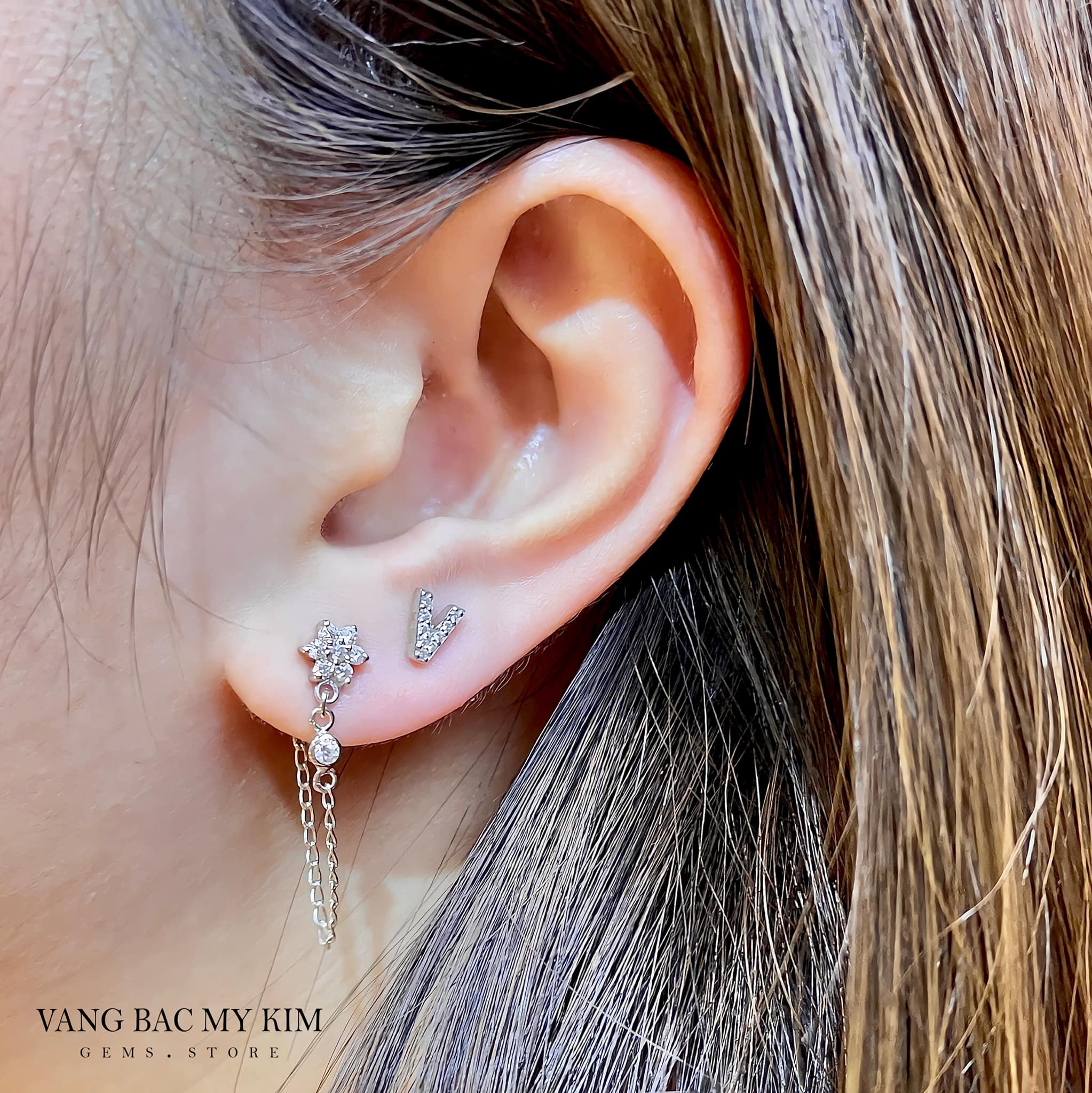 Bông Tai Hoa Đính Đá Dây Xích - Bạc si Vàng Trắng 18k Cao Cấp