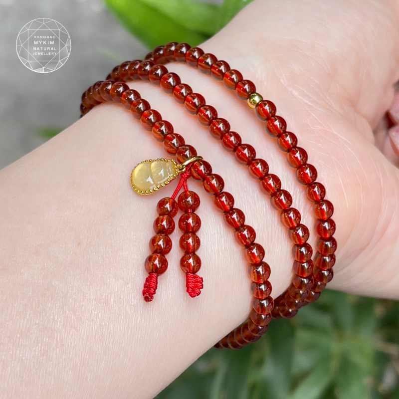 Vòng Đá Garnet VIP – Charm Ngọc Phỉ Thúy Hồ Lô | Bọc Vàng 14K 
