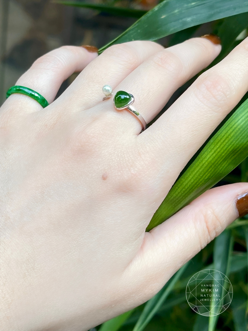 Nhẫn Ngọc Bích Trái Tim • Bạc Si Vàng Trắng 18k • Trang Sức Tình Yêu & Bình An