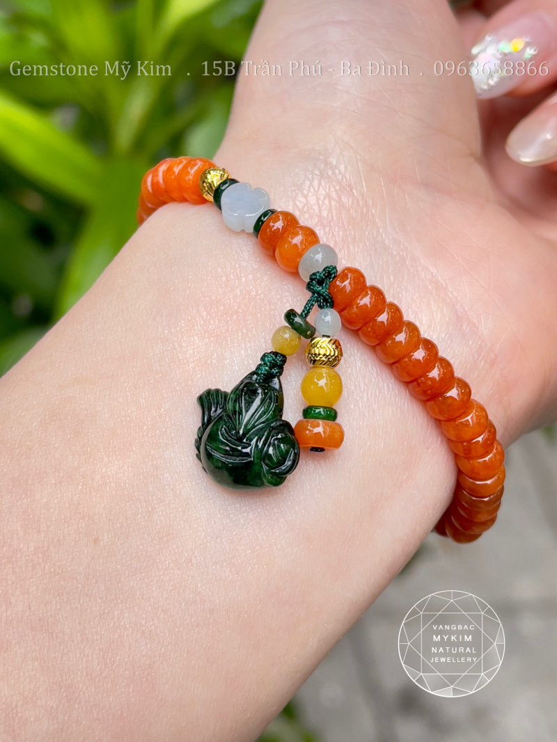 🧡 Bộ Vòng Ngọc Phỉ Thúy Cam – Mix Vàng & Charm Hồ Ly - Đồng Xu Cổ