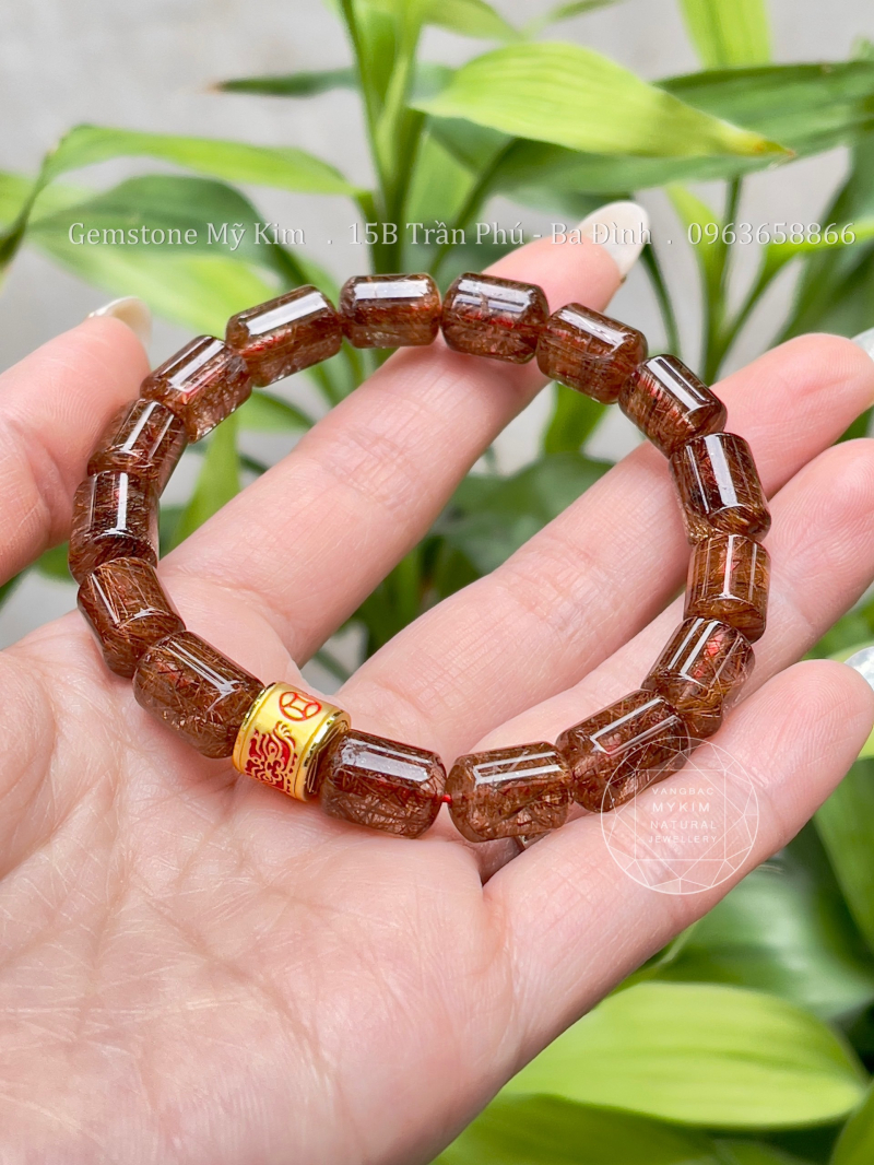Vòng Thạch ANh Tóc Nâu Đỏ Vip - Lu Thống - Mix Charm Vàng 
