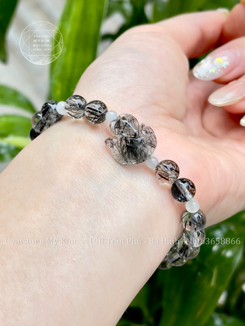 🖤 Vòng Tay Thạch Anh Tóc Đen 6mm – Hồ Ly Điêu Khắc – Mix Ngọc Phỉ Thúy Băng