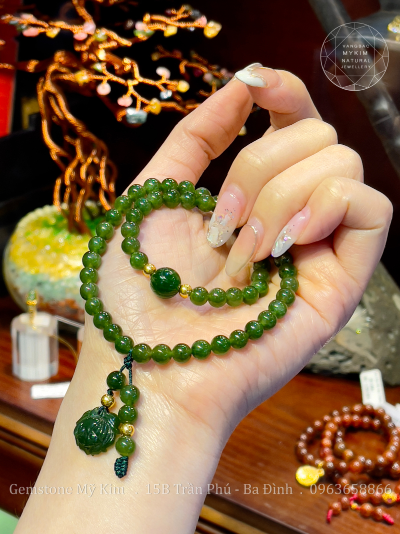Chuỗi Vòng Ngọc Bích Nephrite Hoa Sen mix Vàng 24k