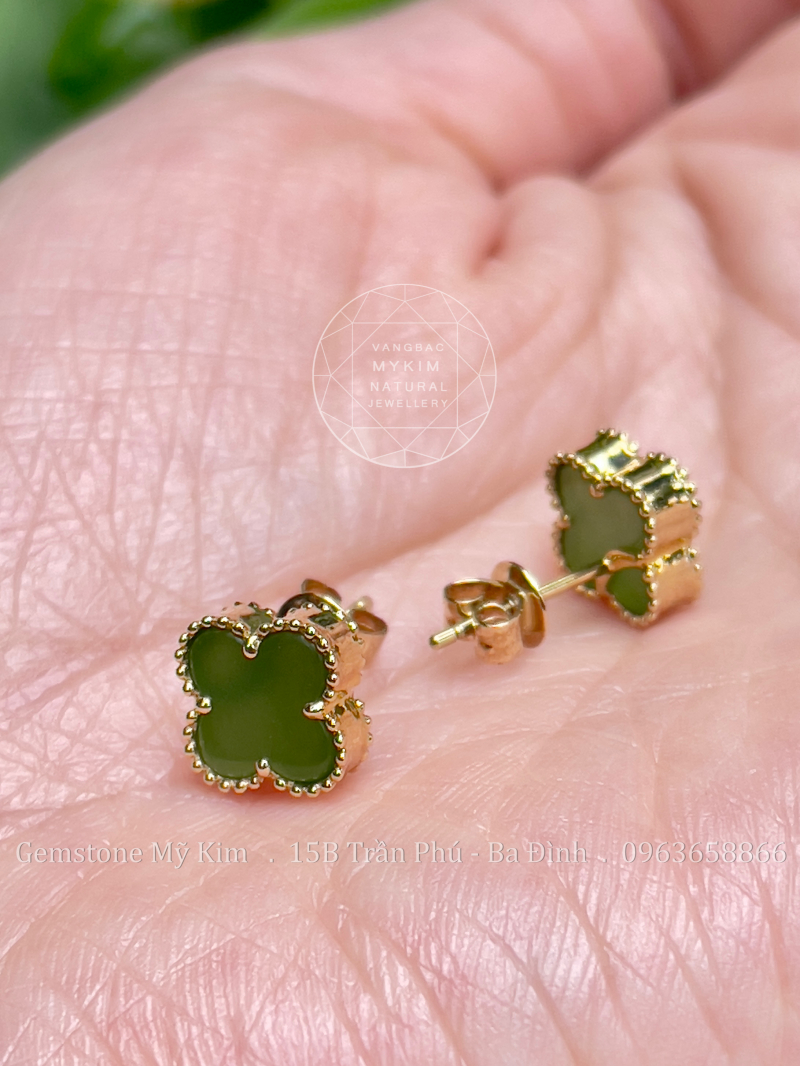 Bông Tai Cỏ Bốn Lá Ngọc Bích Nephrite • Vàng 14k • Trang Sức Phong Thủy Tài Lộc, Bình An