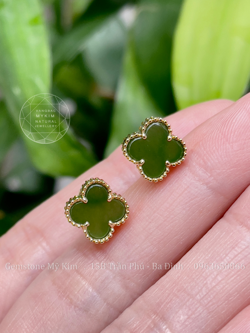 Bông Tai Cỏ Bốn Lá Ngọc Bích Nephrite • Vàng 14k • Trang Sức Phong Thủy Tài Lộc, Bình An