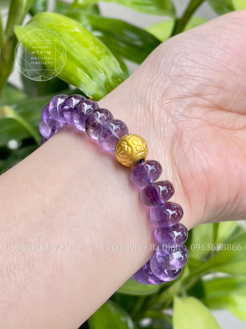 Vòng Thạch Anh Tím Hạt Dẹt mix Charm Vàng 24k
