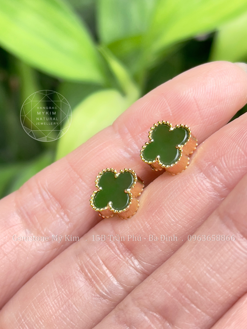  Bông Tai Cỏ Bốn Lá Ngọc Bích Nephrite • Vàng 14k • Trang Sức Phong Thủy Tài Lộc, Bình An