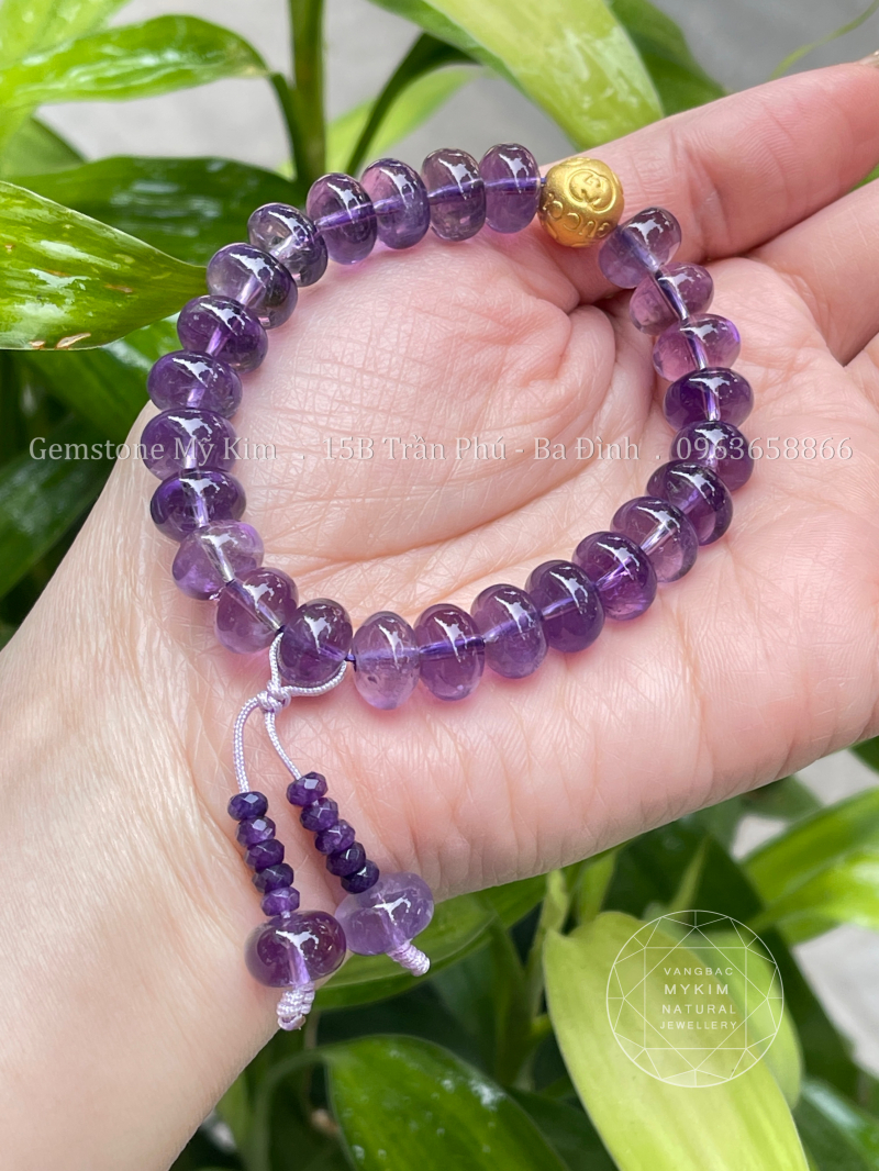 Vòng Thạch Anh Tím Hạt Dẹt mix Charm Vàng 24k