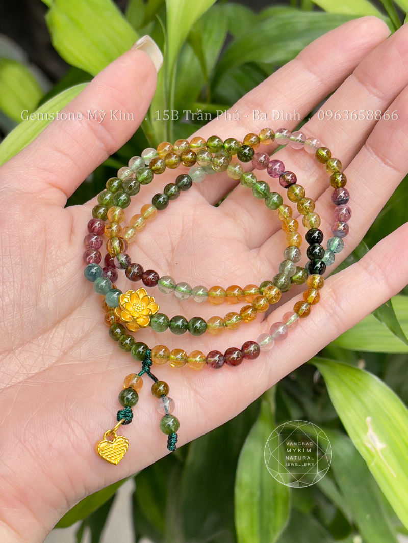 Vòng Tourmaline Đa Sắc - Charm Vàng Hoa Sen