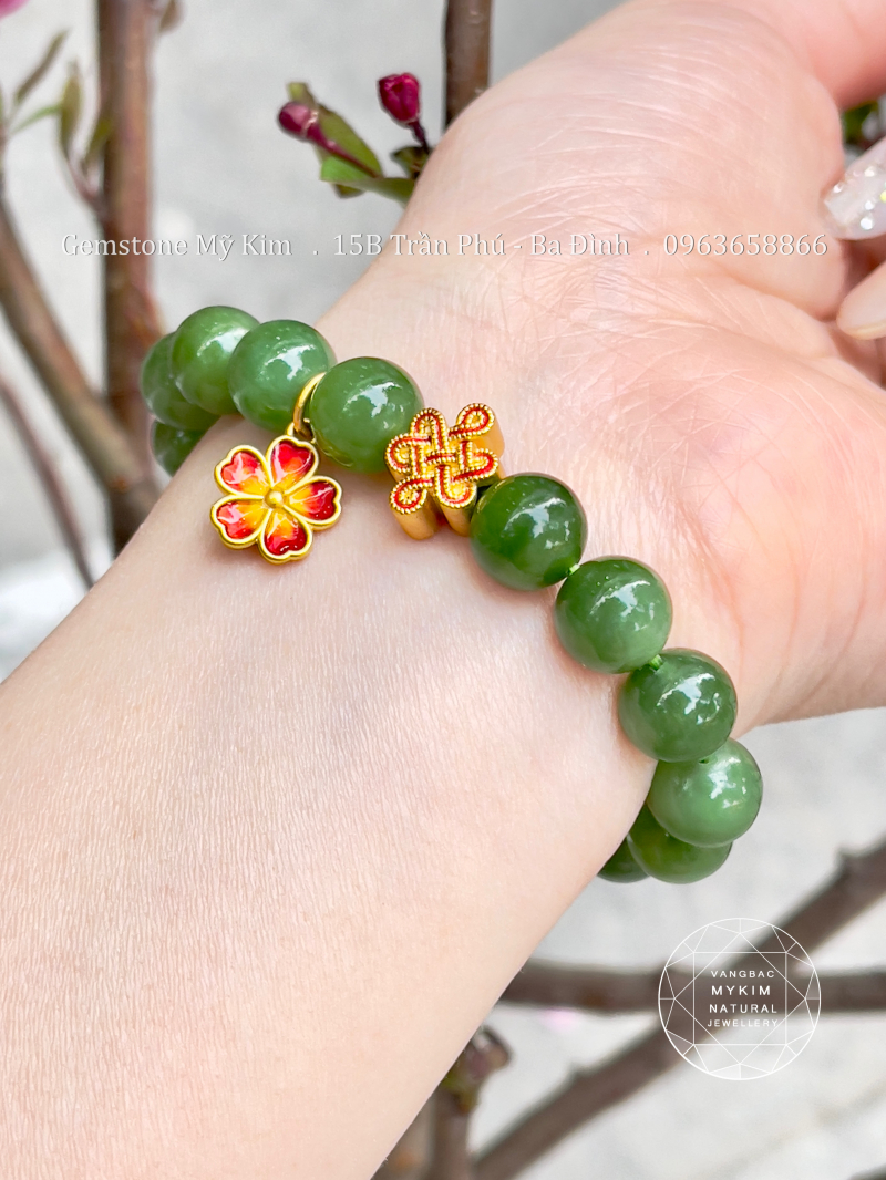 Vòng Ngọc Bích Nephrite • Charm Hoa Mai Vàng & Dây Kết Đồng Tâm • Bình An - Tài Lộc - Phong Thủy