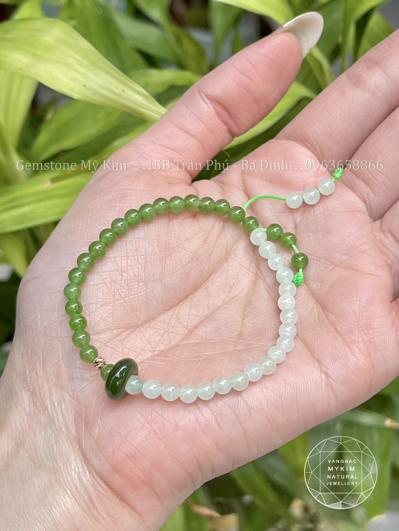 Dây Tết Ngọc Bích 4mm Nephrite Xanh Trắng • Bi Vàng 18k • Trang Sức Phong Thủy Bình An