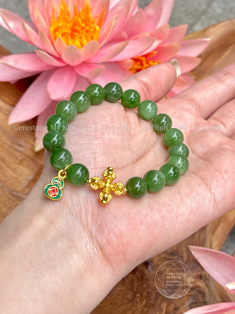 Vòng Ngọc Bích Nephrite • Charm Vàng Kim Cang & Hồ Lô • Chiêu Tài Lộc & Bình An