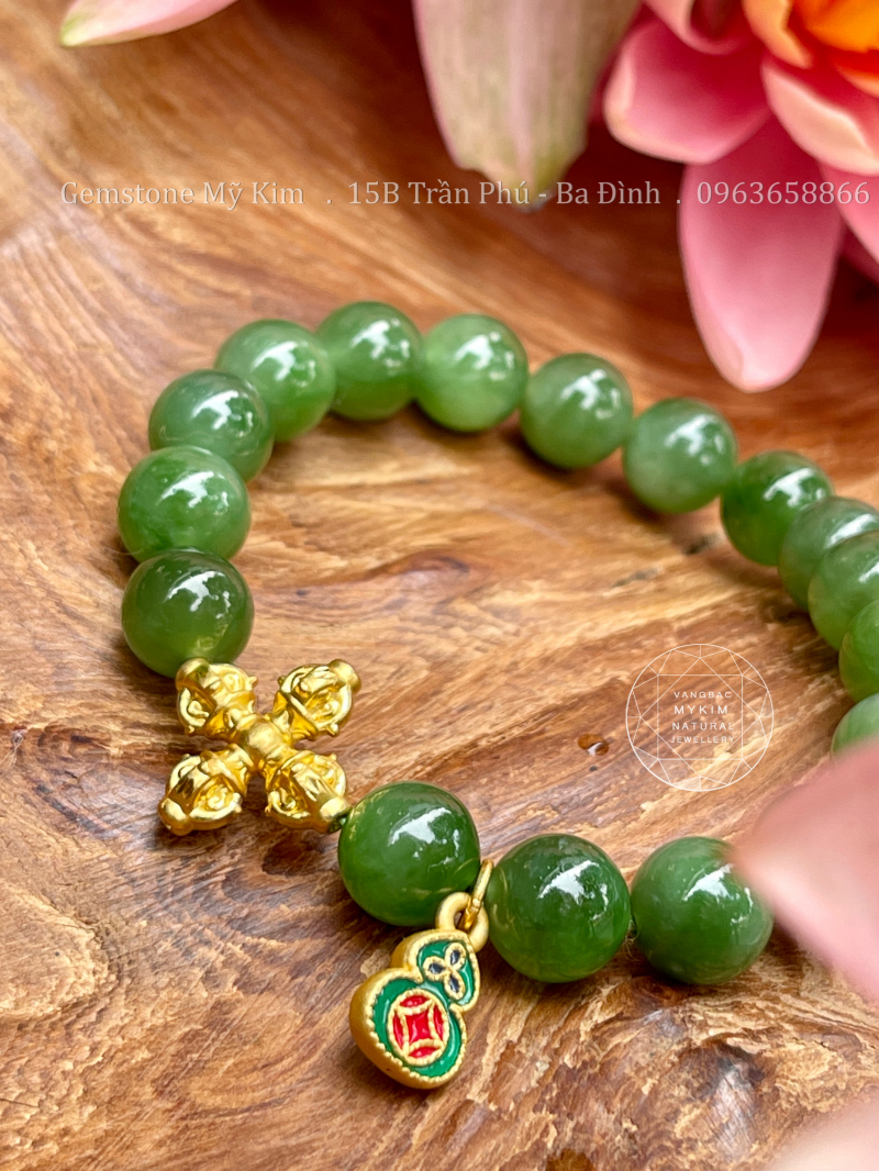 Vòng Ngọc Bích Nephrite • Charm Vàng Kim Cang & Hồ Lô • Chiêu Tài Lộc & Bình An