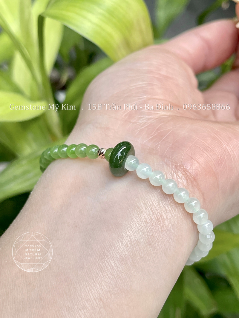  Dây Tết Ngọc Bích 4mm Nephrite Xanh Trắng • Bi Vàng 18k • Trang Sức Phong Thủy Bình An