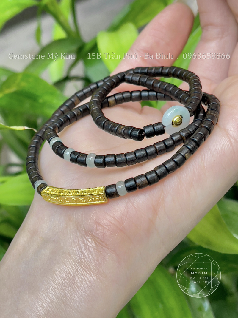 Chuỗi Vòng Trầm Indo Đốt Trúc - Ngọc Jadeite - Mix Vàng 