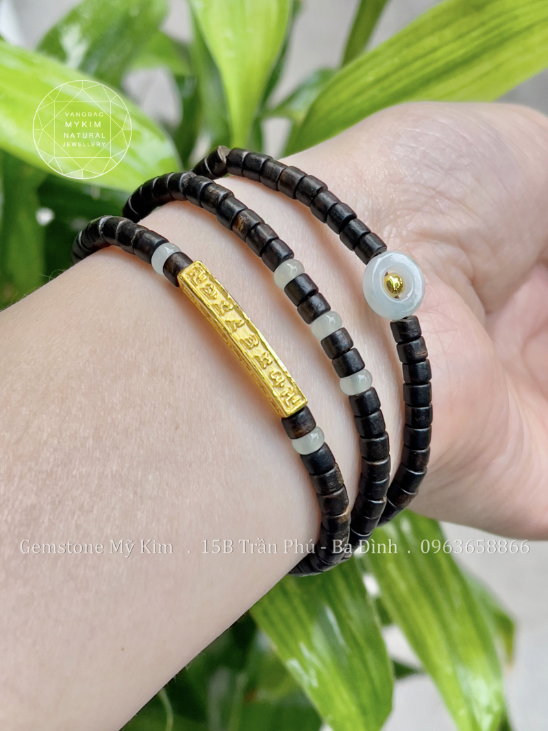Chuỗi Vòng Trầm Indo Đốt Trúc - Ngọc Jadeite - Mix Vàng 