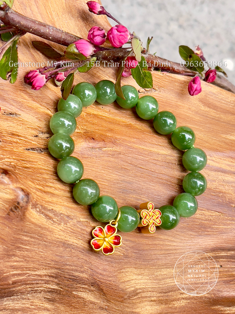 Vòng Ngọc Bích Nephrite • Charm Hoa Mai Vàng & Dây Kết Đồng Tâm • Bình An - Tài Lộc - Phong Thủy