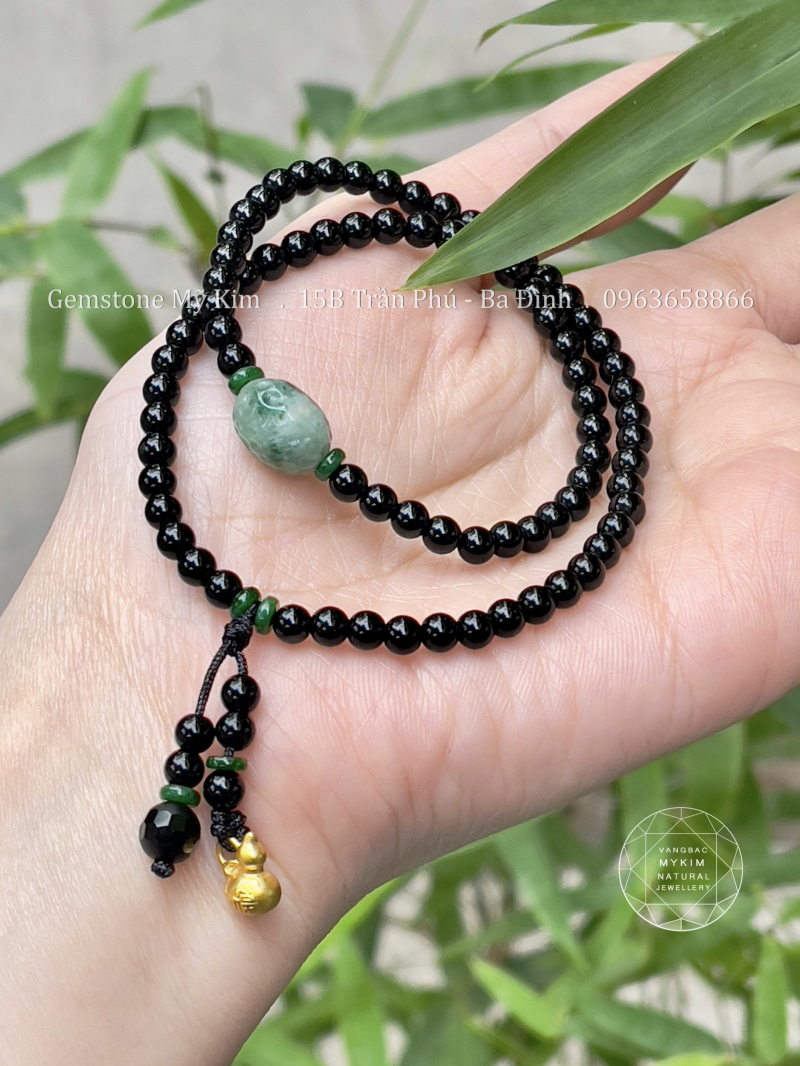 Chuỗi Vòng Mã Não Đen - Ngọc Jadeite - Charm Vàng Hồ Lô