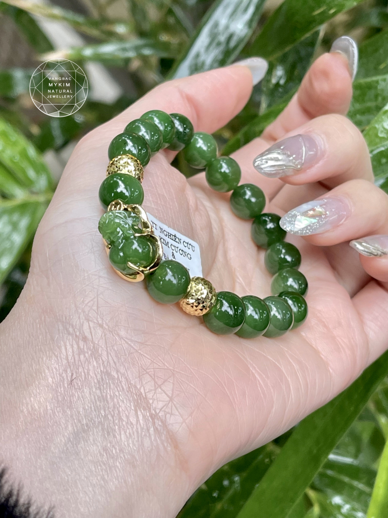 Vòng Ngọc Bích Nephrite Bọc Tỳ Hưu - Vàng 10k