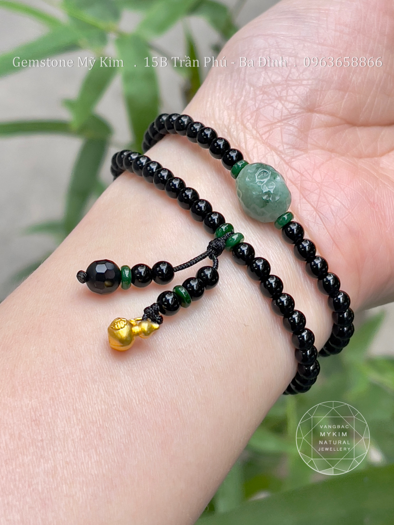 Chuỗi Vòng Mã Não Đen - Ngọc Jadeite - Charm Vàng 24k Hồ Lô