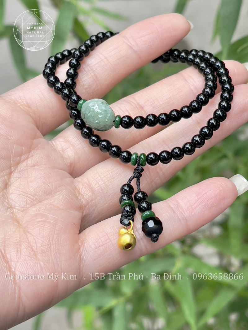 Chuỗi Vòng Mã Não Đen - Ngọc Jadeite - Charm Vàng 24k Hồ Lô
