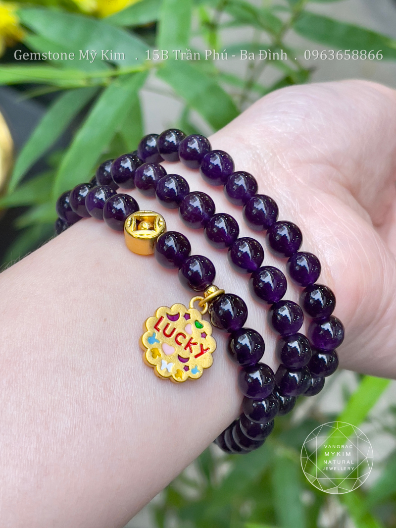 Chuỗi Vòng Đá Thạch Anh Tím VIP - Charm Vàng Lucky Pháp Lam