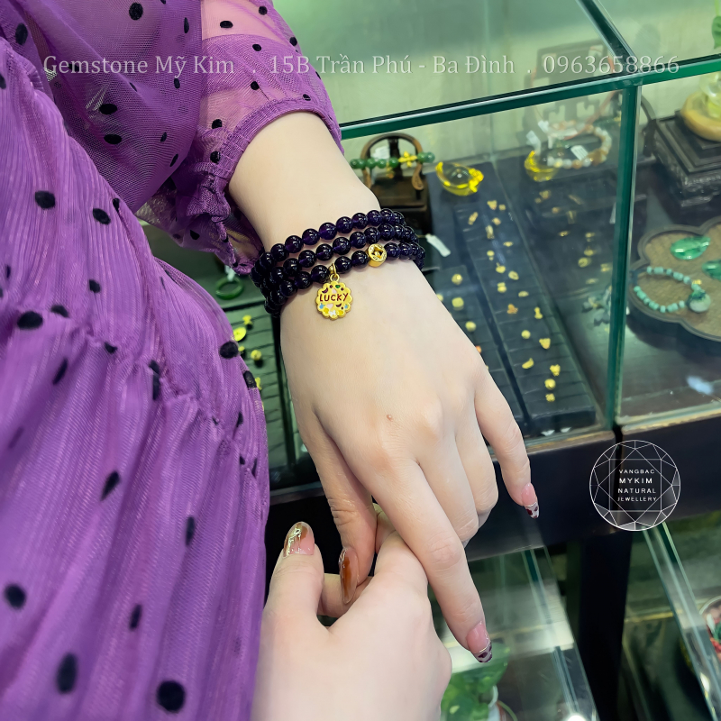 Chuỗi Vòng Đá Thạch Anh Tím VIP - Charm Vàng Lucky Pháp Lam