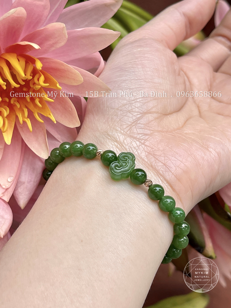 Vòng Ngọc Bích Nephrite Khóa Như Ý • 🌸 Bi Vàng Hồng 18k • Trang Sức Phong Thủy Tài Lộc, Bình An