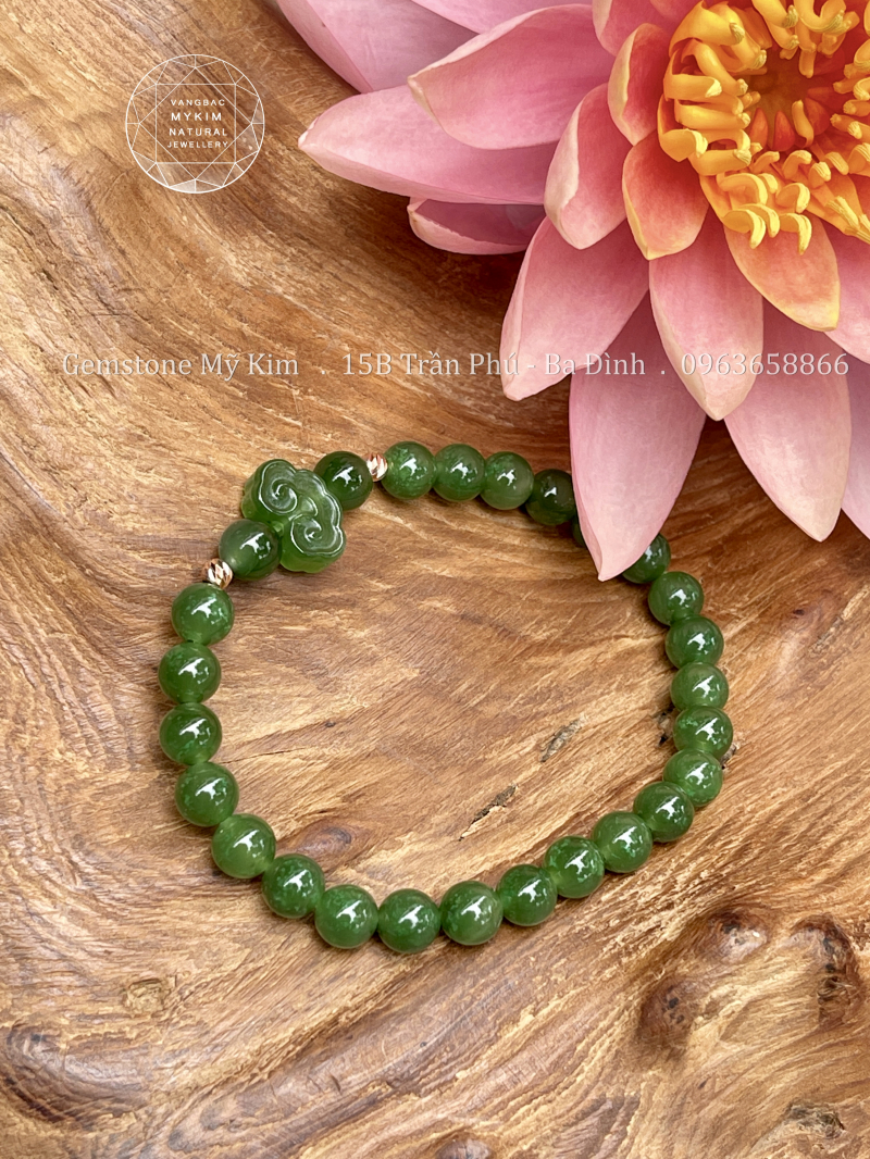 Vòng Ngọc Bích Nephrite Khóa Như Ý • 🌸 Bi Vàng Hồng 18k • Trang Sức Phong Thủy Tài Lộc, Bình An