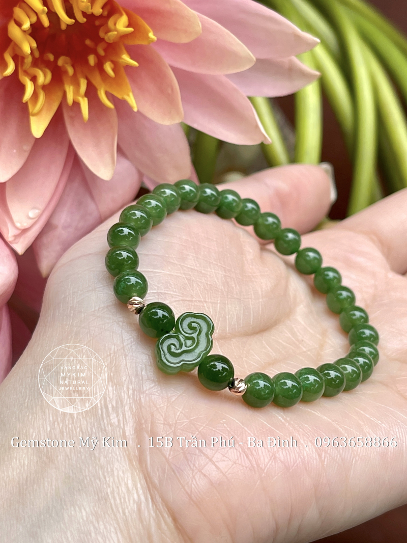 Vòng Ngọc Bích Nephrite Khóa Như Ý • 🌸 Bi Vàng Hồng 18k • Trang Sức Phong Thủy Tài Lộc, Bình An