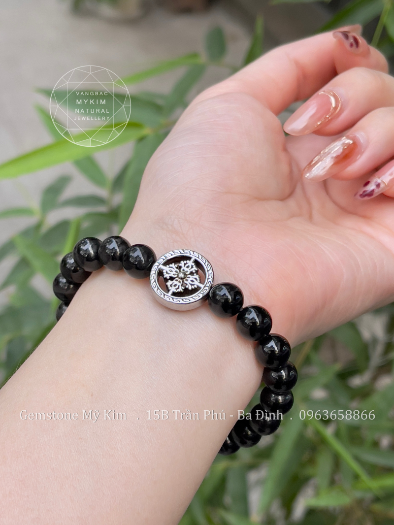 Vòng Đá Mã Não - Charm Bạc si vàng trắng - Bánh Xe Pháp Luân