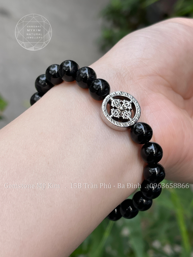 Vòng Đá Mã Não - Charm Bạc si vàng trắng - Bánh Xe Pháp Luân