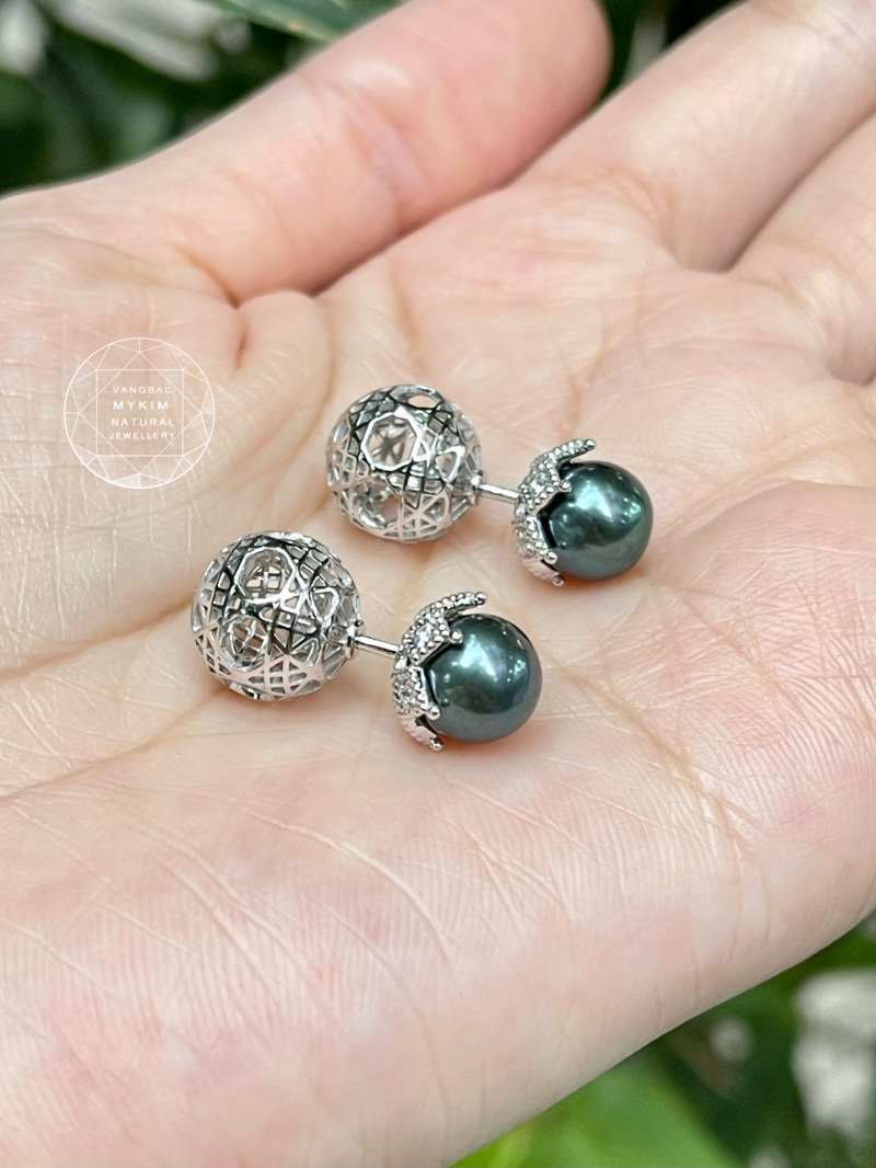 Bông Tai Ngọc Trai Đen Ánh Xanh Thiên Nhiên - Vàng Trắng 14k